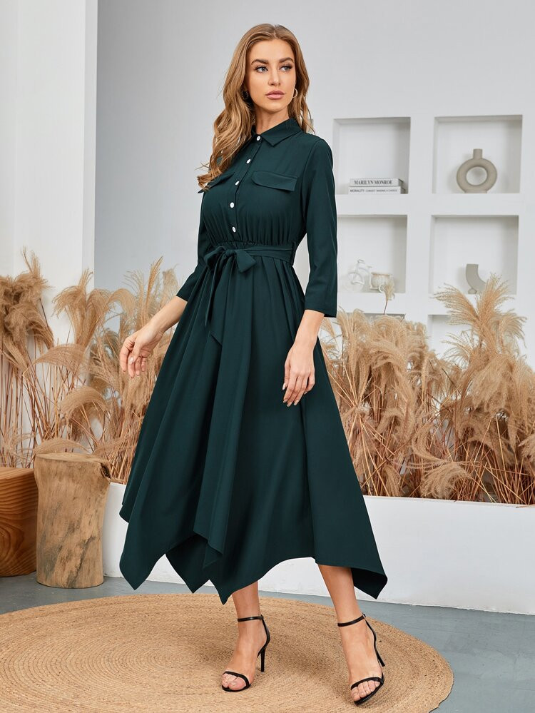 Half Button Scarf Hem Shirt Dress With Belt | SHEIN