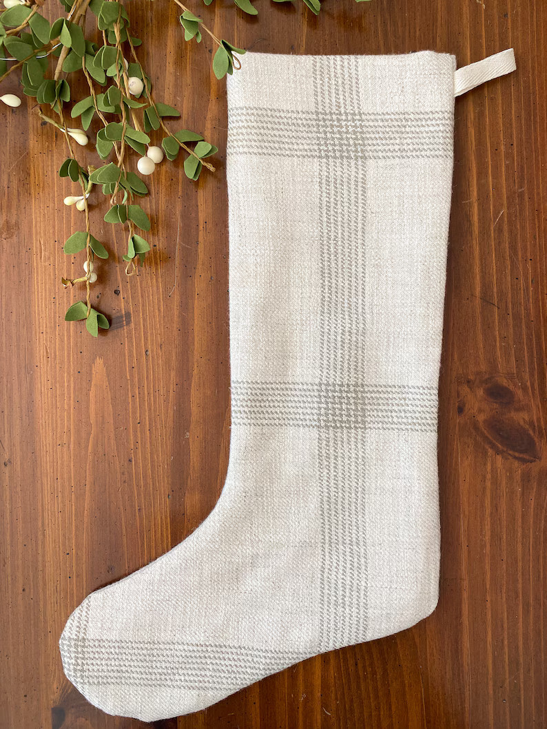 Windowpane Stocking, Linen Holiday Stocking, Creamy Christmas Stocking, Handmade Stocking, Minima... | Etsy (US)