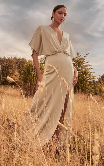 Azrael Maxi Dress - Angel Sleeve Thigh Split Plunge Neck Satin Dress in Sage | Showpo (US, UK & Europe)