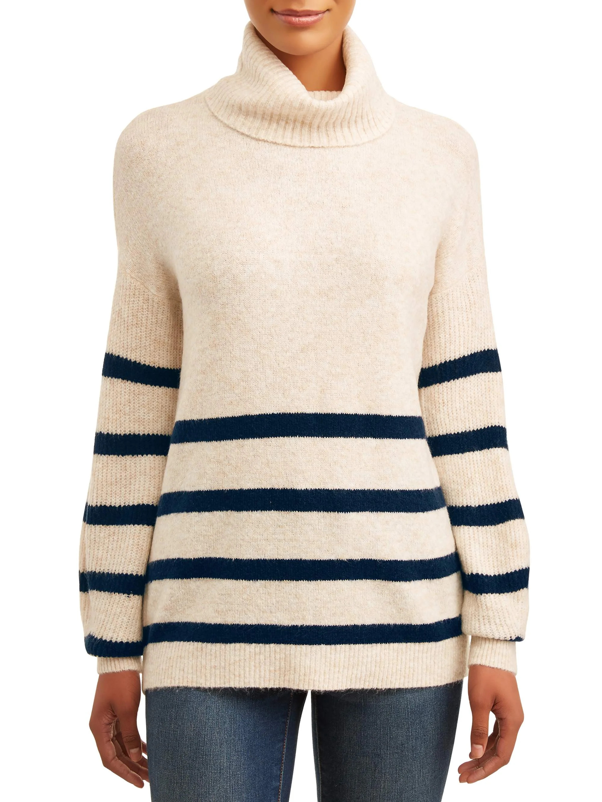 Time and Tru Women's Striped Cowl Neck Tunic Sweater | Walmart (US)