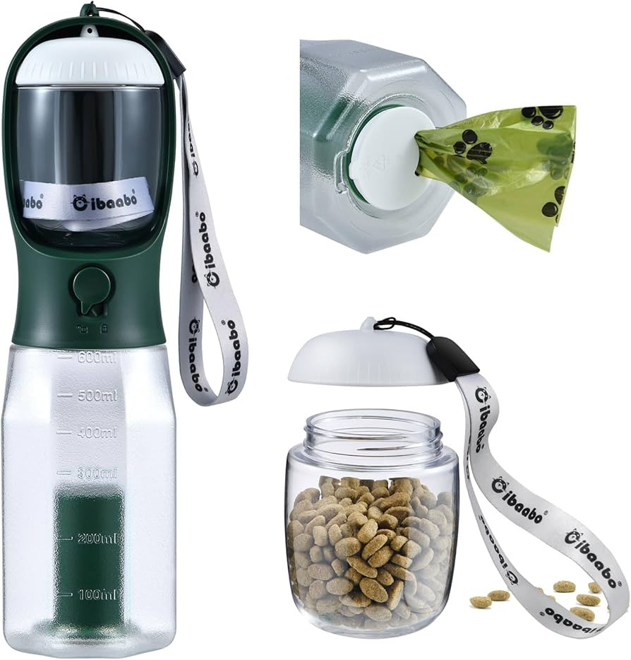 Dog Water Bottle with Food Container & Poop Bag Holder, Travel Water Bowl, Portable Pet Dispenser... | Amazon (US)