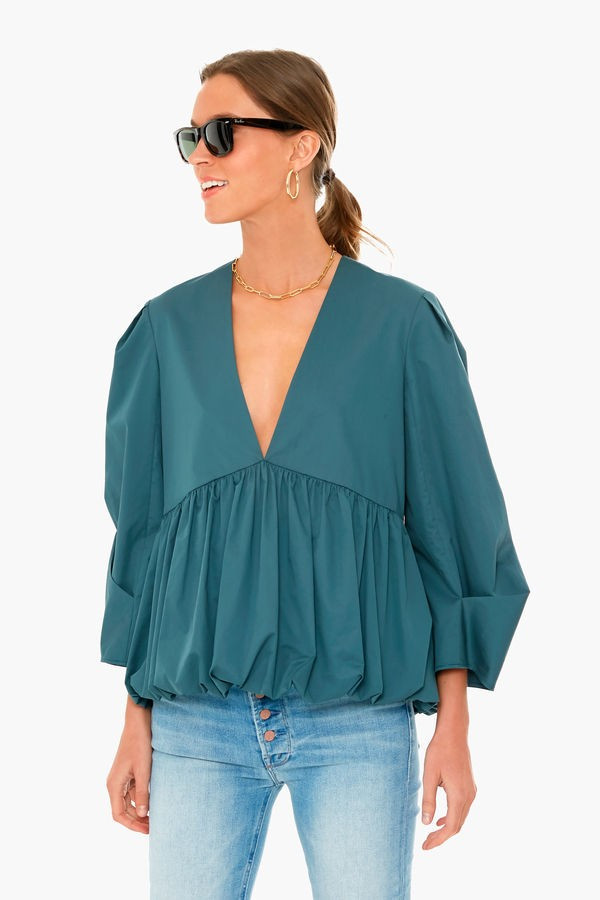 Eco Poplin Deep Vneck Sculpted Tucked Sleeve Top | Tuckernuck (US)
