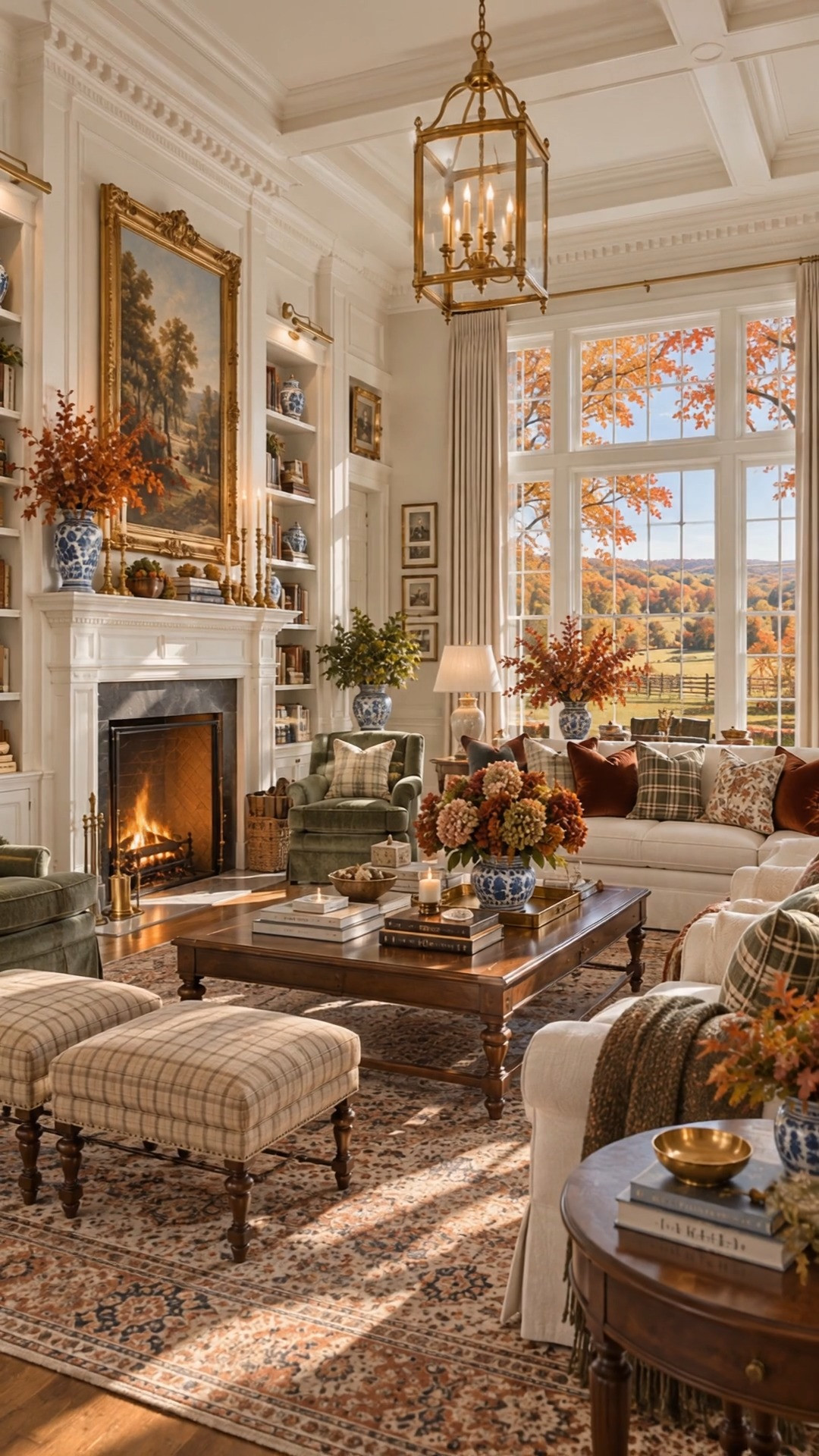 A cozy Colonial Estate living room dressed for fall 🍂 Think timeless traditional style with pinch-pleated linen curtains, rich wood coffee tables, plaid ottomans, autumn pillow covers, cozy throw blankets, chinoiserie jars & blue-and-white vases, gold picture frames, brass candle holders, and classic fall artwork. Layered rugs, warm wood tones, traditional upholstery, and autumn foliage bring that collected English country meets Colonial estate feel that makes a room feel elegant but still incredibly inviting. 🤎🏡
Shop the look for traditional home decor, colonial style furniture, fall decorating, classic living room decor, blue and white chinoiserie, linen curtains, plaid accents, autumn accessories, cozy throws, decorative pillows, brass decor, gold frames, coffee tables, and timeless estate-inspired interiors.
#ColonialStyle #TraditionalHome #FallHomeDecor #BlueAndWhiteDecor #EnglishCountryStyle 

 #LTKSeasonal #LTKHome
