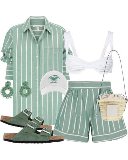Green stripe shirt & shorts matching set, white bikini top, Birkenstock sandals, baseball cap & Loewe/ Paula’s Ibiza straw 
Bag.
Summer outfit, holiday outfit, beach outfit, vacation outfit, green outfit

#LTKsummer #LTKstyletip #LTKeurope