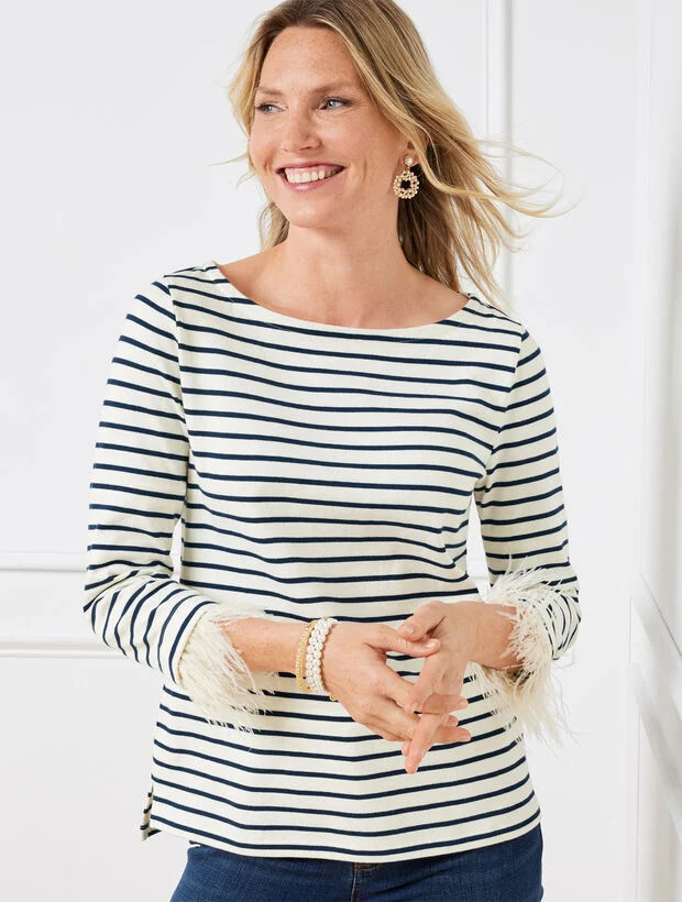 Feather Cuff Bateau Neck Tee | Talbots