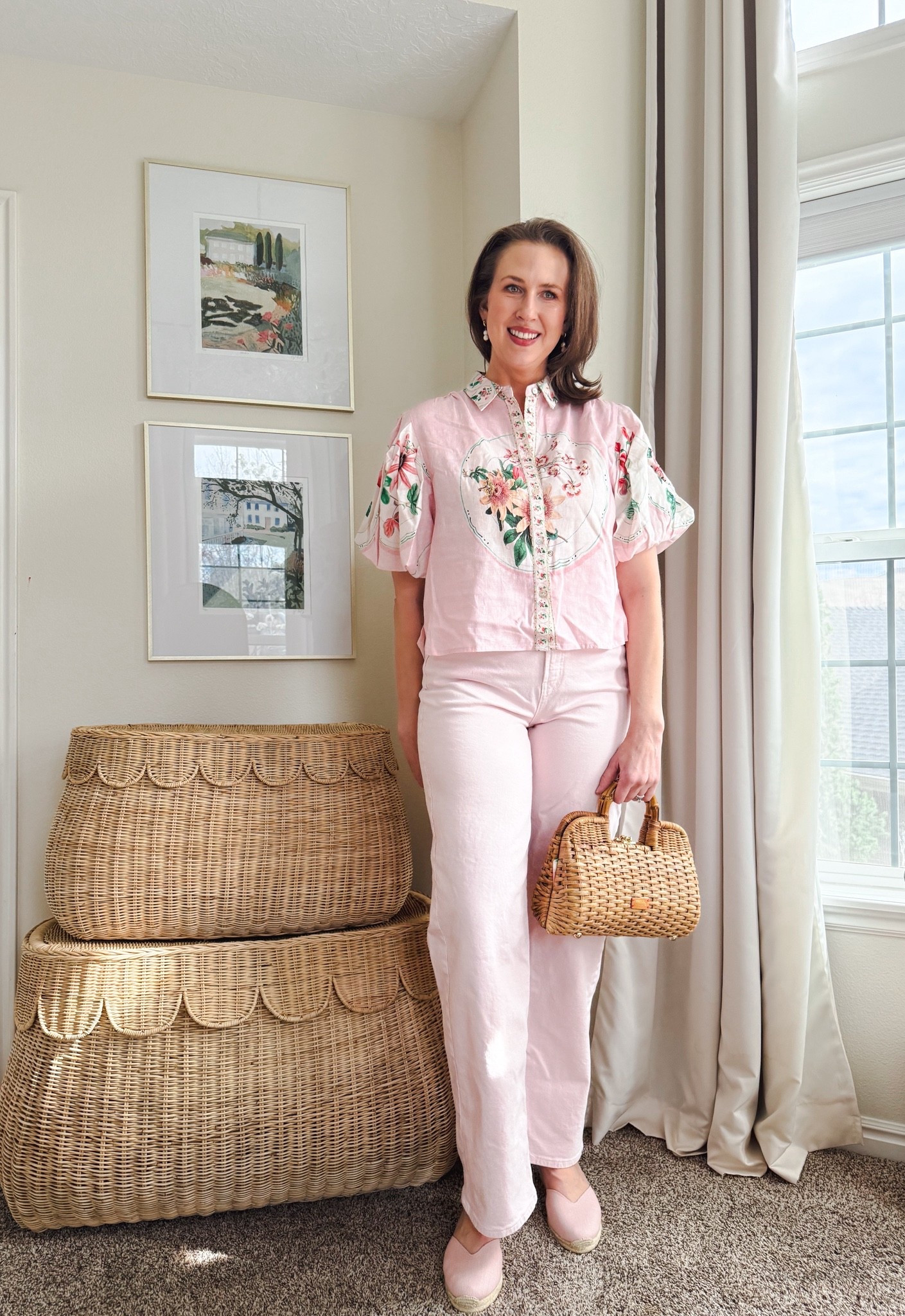 For my peeps who love pink! I’m wearing my Old Navy jeans in size 10 tall, my A Loves A floral puff sleeve top in large, my Soludos espadrilles in size 11, and my favorite Frances Valentine Buzzy Basket. 

#easter outfits women #date night outfits #spring outfits 2026  #vacation outfits beach #ltkshoecrush #ltkseasonal #pink outfit #pink jeans #wicker bag #purse

#LTKTall #LTKOver40 #LTKootd