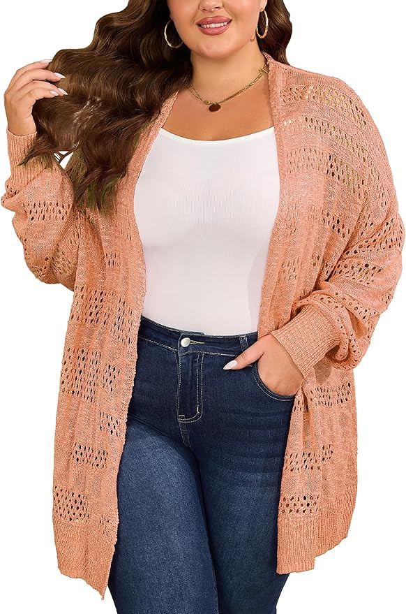 Women's Plus Size Crochet Cardigan Kimonos Boho Long Sleeve Oversized Summer Open Front Knitted S... | Amazon (US)