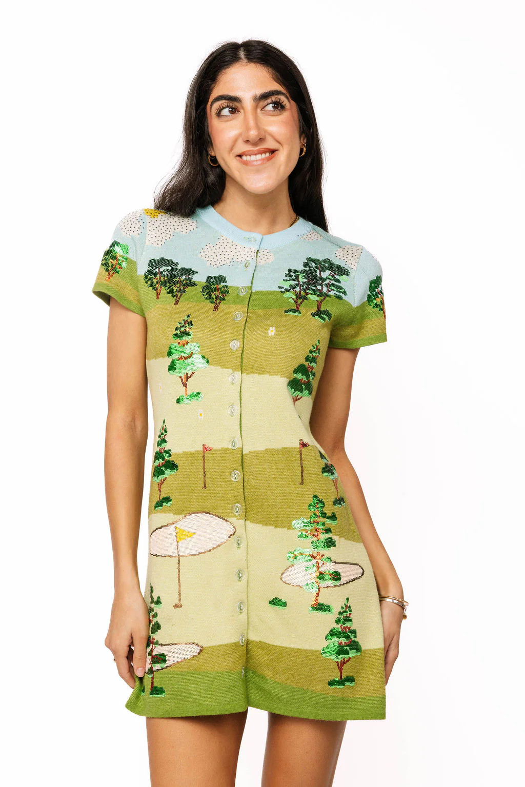 Multi Golf Course Scene Knit Button Up Short Sleeve Dress | Queen of Sparkles