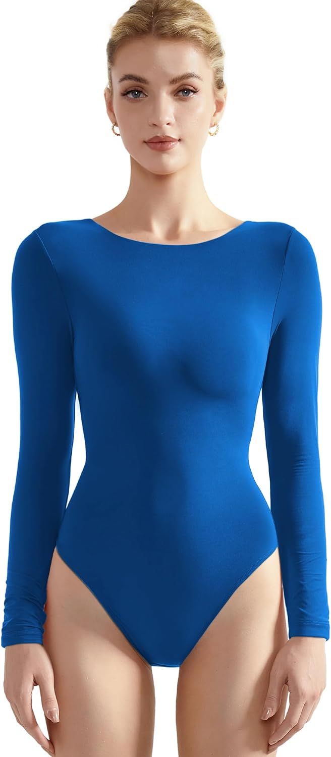 SUUKSESS Women Crew Neck Long Sleeve Bodysuit Sexy Thong Bodysuit Shirts | Amazon (US)