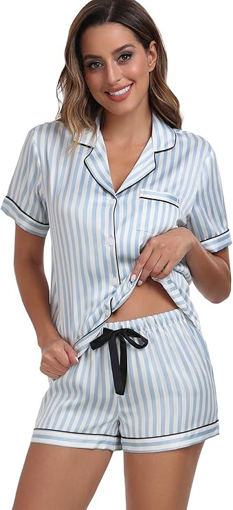 Serenedelicacy Women's Satin Pajama Set 2-Piece Sleepwear Loungewear Button Down Short Sleeve Sil... | Amazon (US)