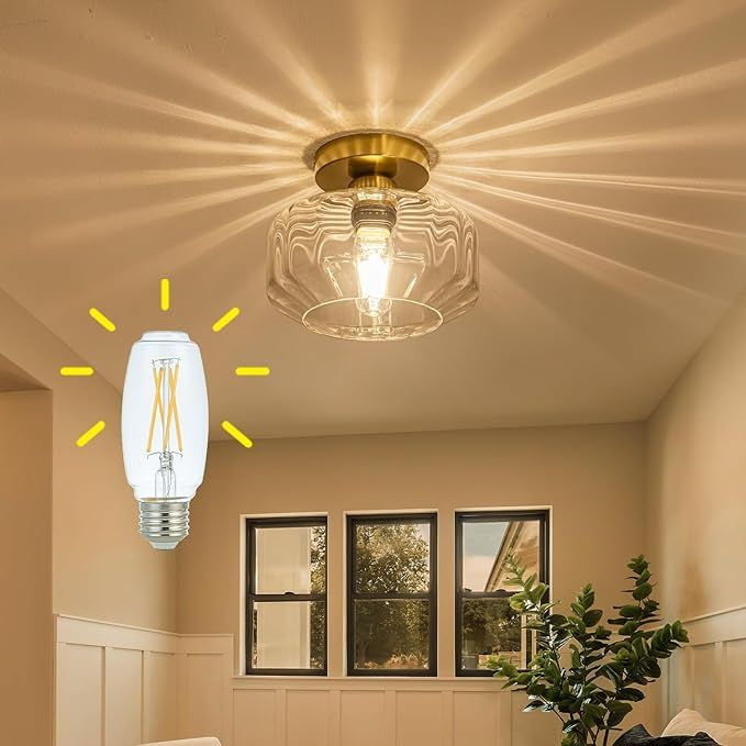 Elegant semi Flush Mount Ceiling Light with Vintage Textured Glass Brass and Golden Metal Base In... | Amazon (US)
