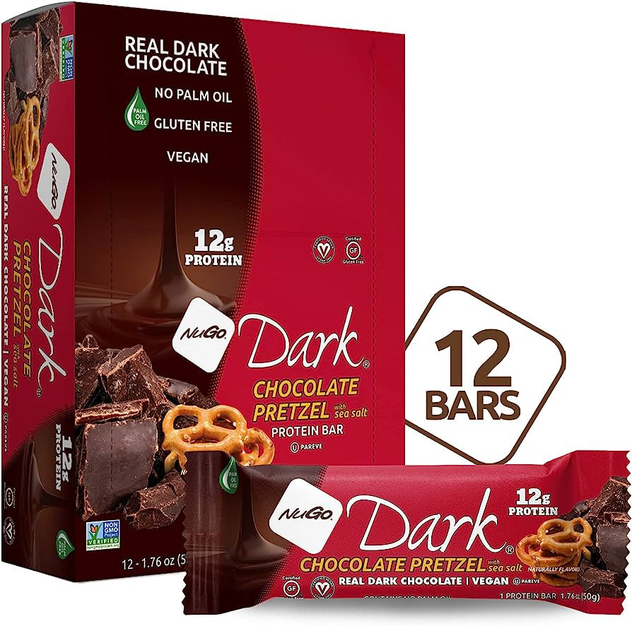 NuGo Dark Chocolate Pretzel, 12g Vegan Protein, 200 Calories, Gluten Free, 1.76 Ounce (Pack of 12... | Amazon (US)