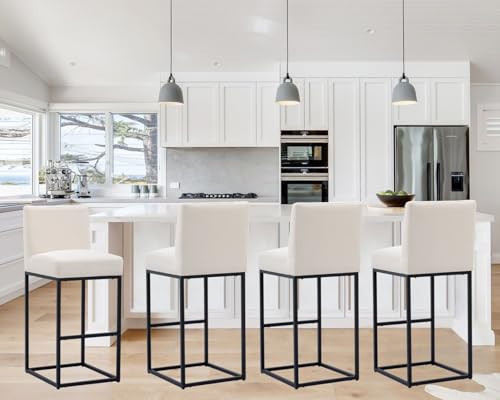 Modern Counter Height Bar Stools Set of 4, Linen Upholstered Kitchen Island Stools with Backrest, 31 Inch Bar Stools with Black Metal Frame, Cream | Amazon (US)