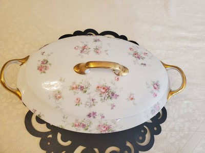 Limoges Old Abbey France Oval Covered Vegetable Dish White Pink Roses | eBay US