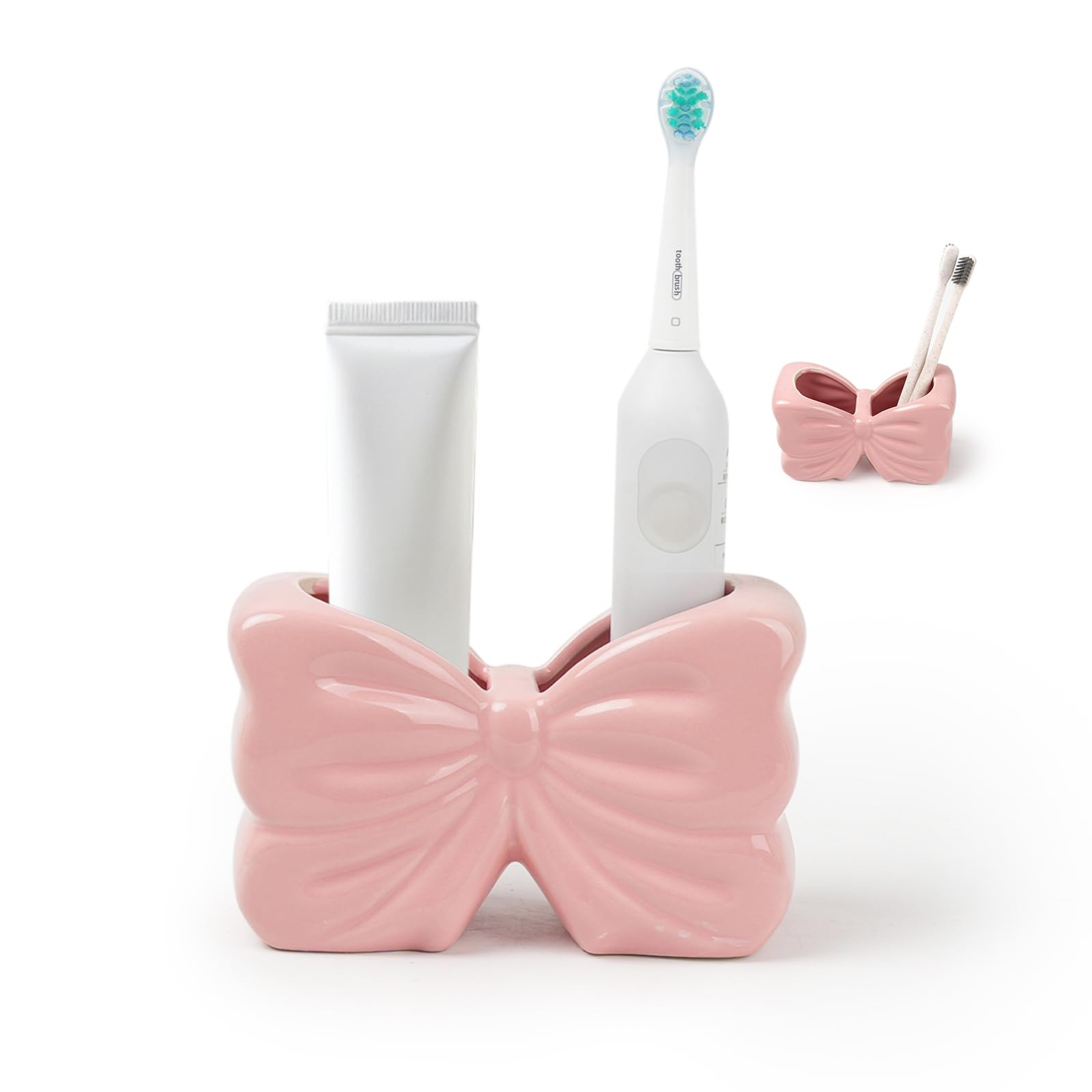 Zaposcca Bow Toothbrush Holder, Pink Ceramic Multi-Purpose 2-Section Organizer for Bathroom, Kitc... | Amazon (US)