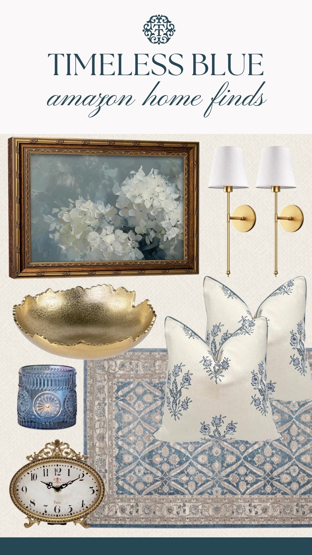 We're adding these blue Amazon home finds to our wishlist. The floral painting, blue rug, decorative pillows, brass lighting, and gold bowl work together for a look that's both cozy and classic. These are pieces you'll enjoy season after season.

#LTKSeasonal #LTKOver40 #LTKHome