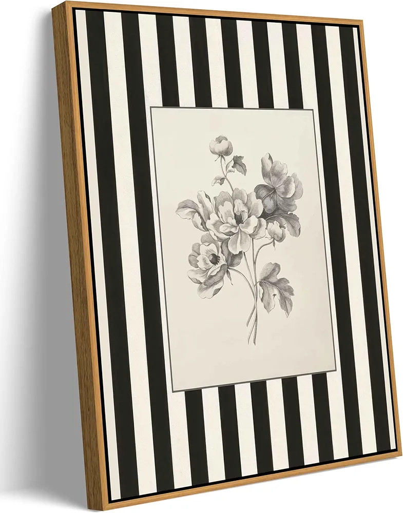 Yellow Framed Stripes Flower Canvas Wall Art Black White Striped Floral Painting Decor Pictures V... | Amazon (US)
