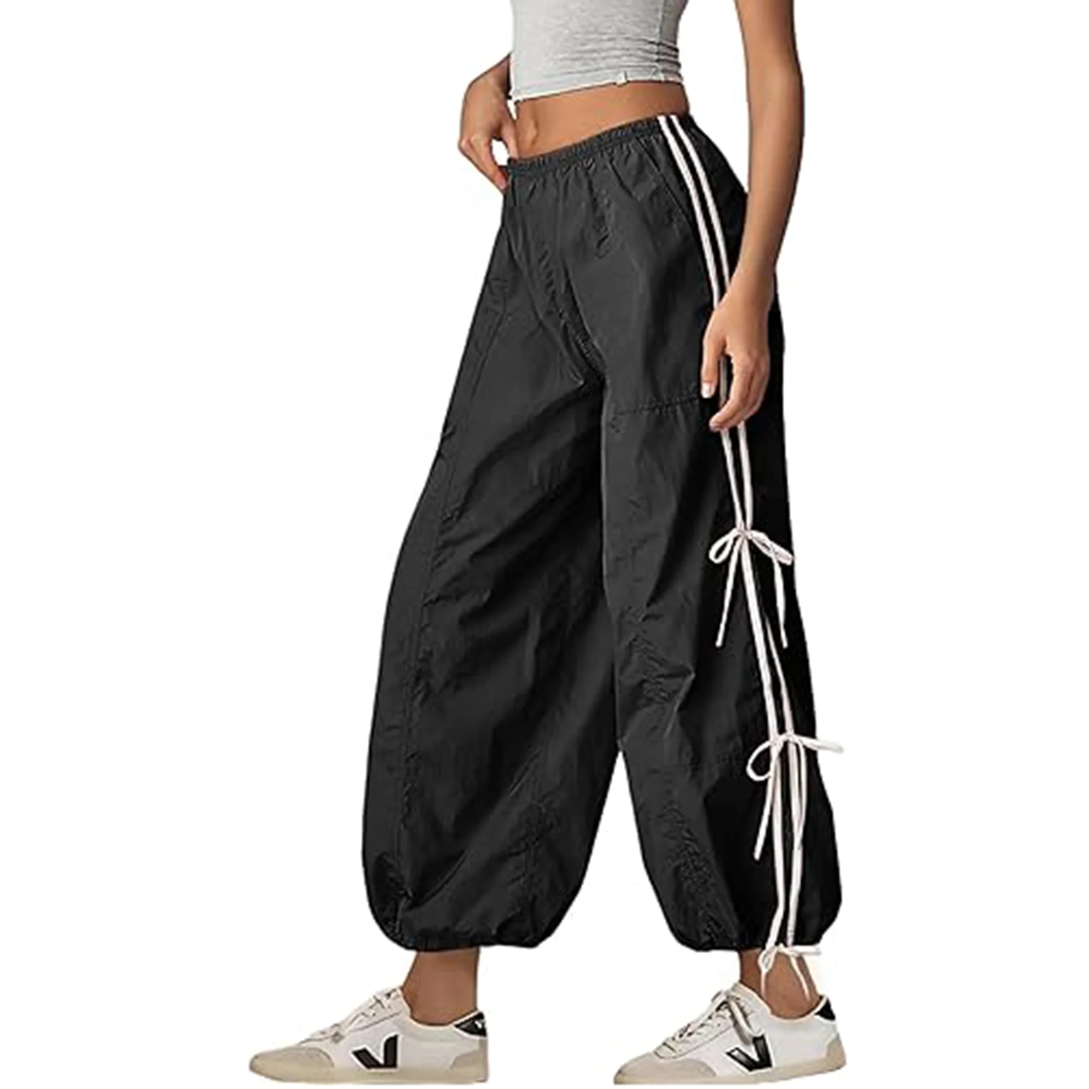 PUWEI Women's Parachute Pants Baggy Elastic Waist Track Pants Casual Bow Knot Trousers with Pocke... | Walmart (US)