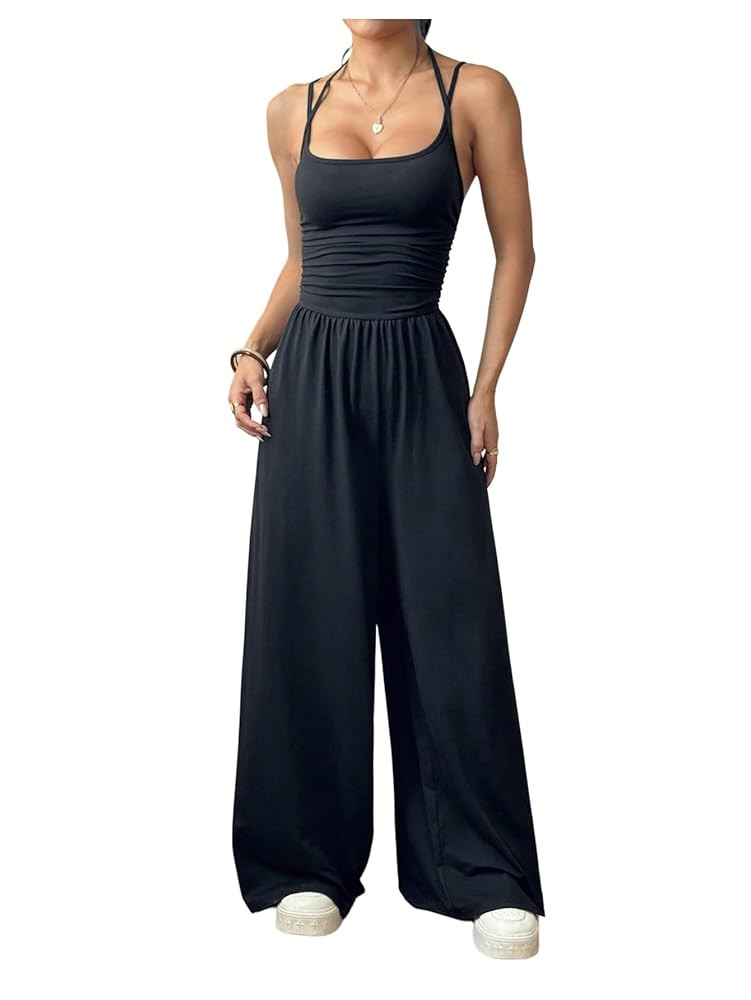 Floerns Women's Summer Jumpsuit Spaghetti Strap One Piece Outfit Wide Leg Baggy Pants Romper | Amazon (US)