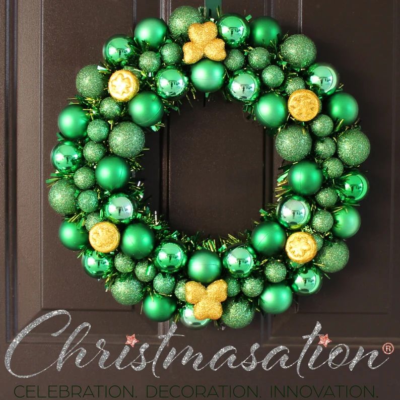 Green and Gold Bauble St. Patrick's Day Wreath with Shamrocks and Coins, Ornament Wreath, Front D... | Etsy (US)
