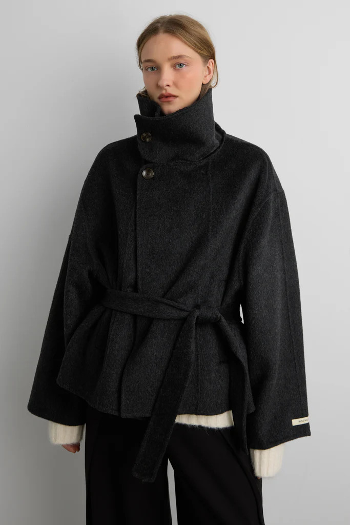 BRUSHED WOOL HAND MADE FUNNEL NECK COAT WITH BELT | OAK + FORT