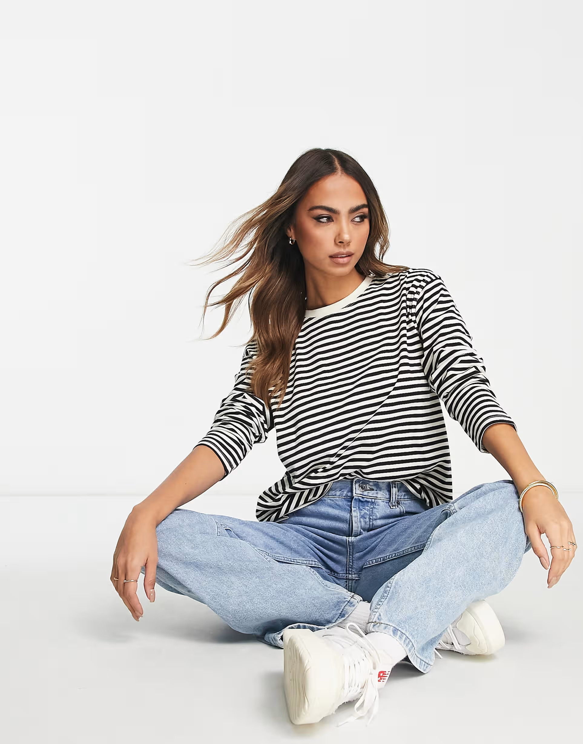 Mango basic 3/4 sleeve striped tee in black and white | ASOS (Global)