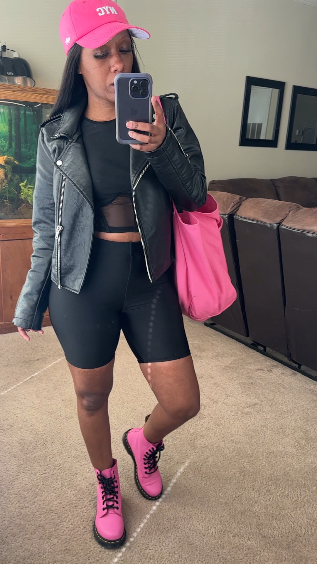 Spring outfit idea, black outfits, casual outfit. I’m wearing a size small in the black matching set and a size small in the faux leather moto jacket. I styled this outfit with a pink baseball hat, pink tote, and pink and black combat boots.

#LTKSeasonal #LTKstyletip #LTKshoecrush