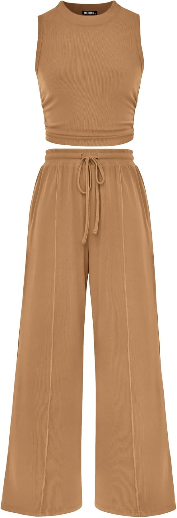 BTFBM Summer Outfits For Women 2026 Ribbed Sleeveless Tank Tops Wide Leg Pants 2 Piece Sets Loung... | Amazon (US)