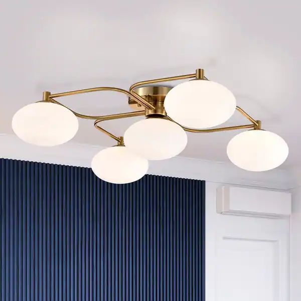 Camris 5-Light Brass Chandelier Frosted Glass Shades | Bed Bath & Beyond