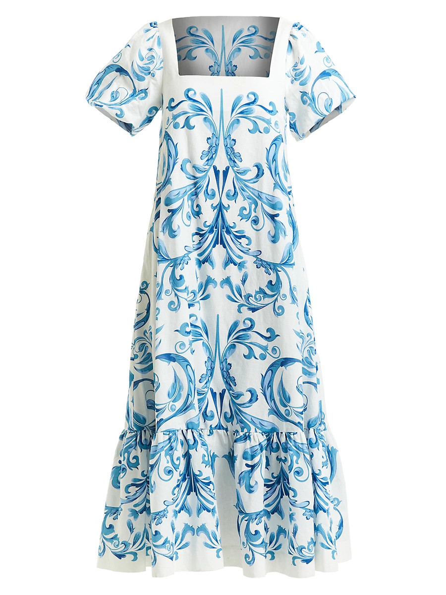 Women's Jasmine Linen-Blend Midi Dress - Blue Ivory - Size Small | Saks Fifth Avenue