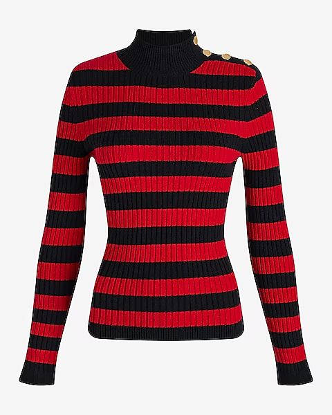 Striped Mock Neck Padded Shoulder Novelty Button Sweater | Express