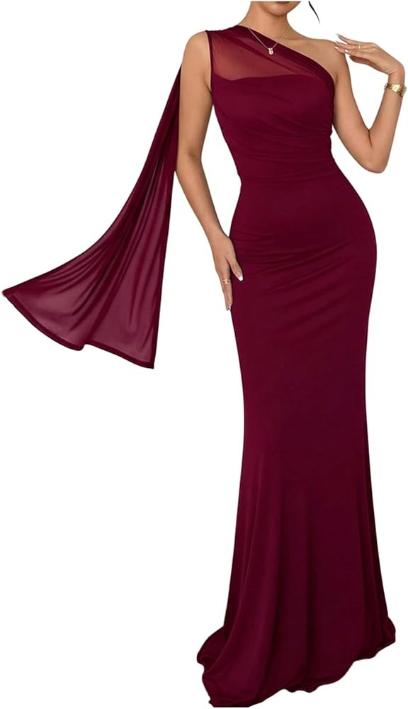 Floerns Women's One Shoulder Bodycon Mesh Dress Ruched Fishtail Formal Wedding Guest Maxi Dresses | Amazon (US)