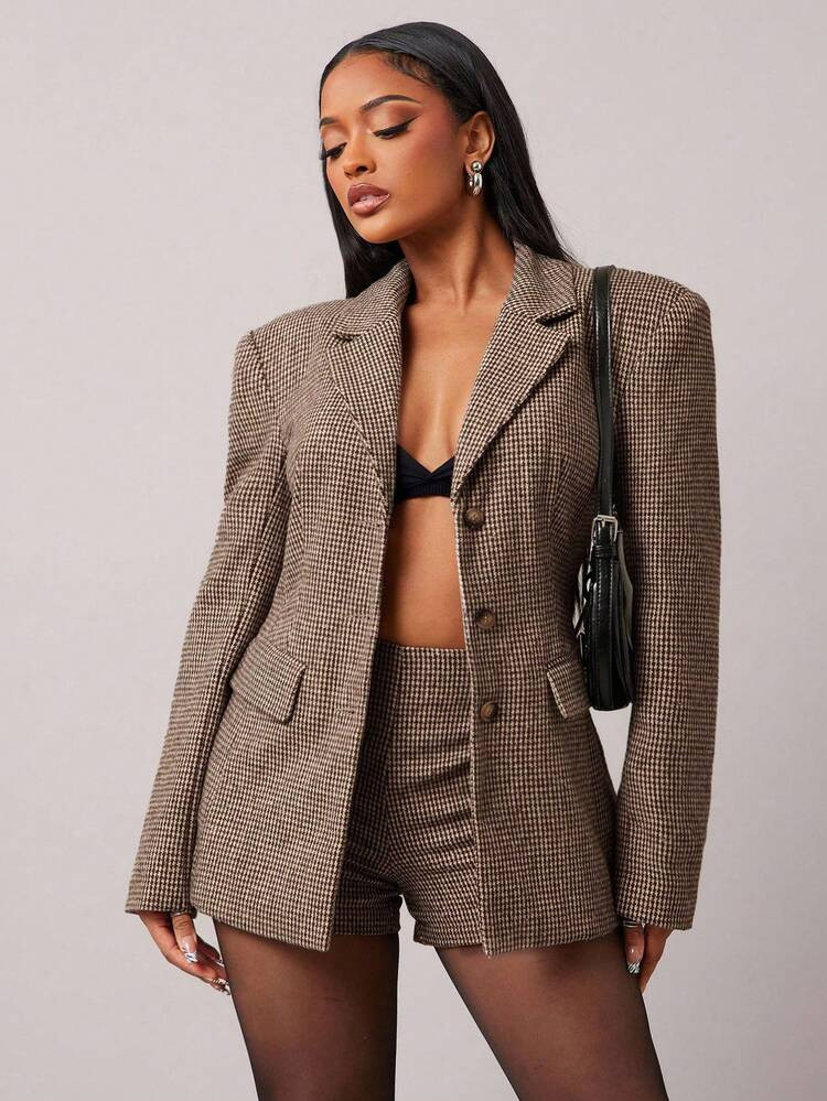 Radiana Women's Retro Chic Commuter Brown Plaid Wool Suit Set, Includes Fitted Blazer Jacket + Low-Waist Shorts (With Shoulder Pads), 2pcs In Fall/Winter | SHEIN