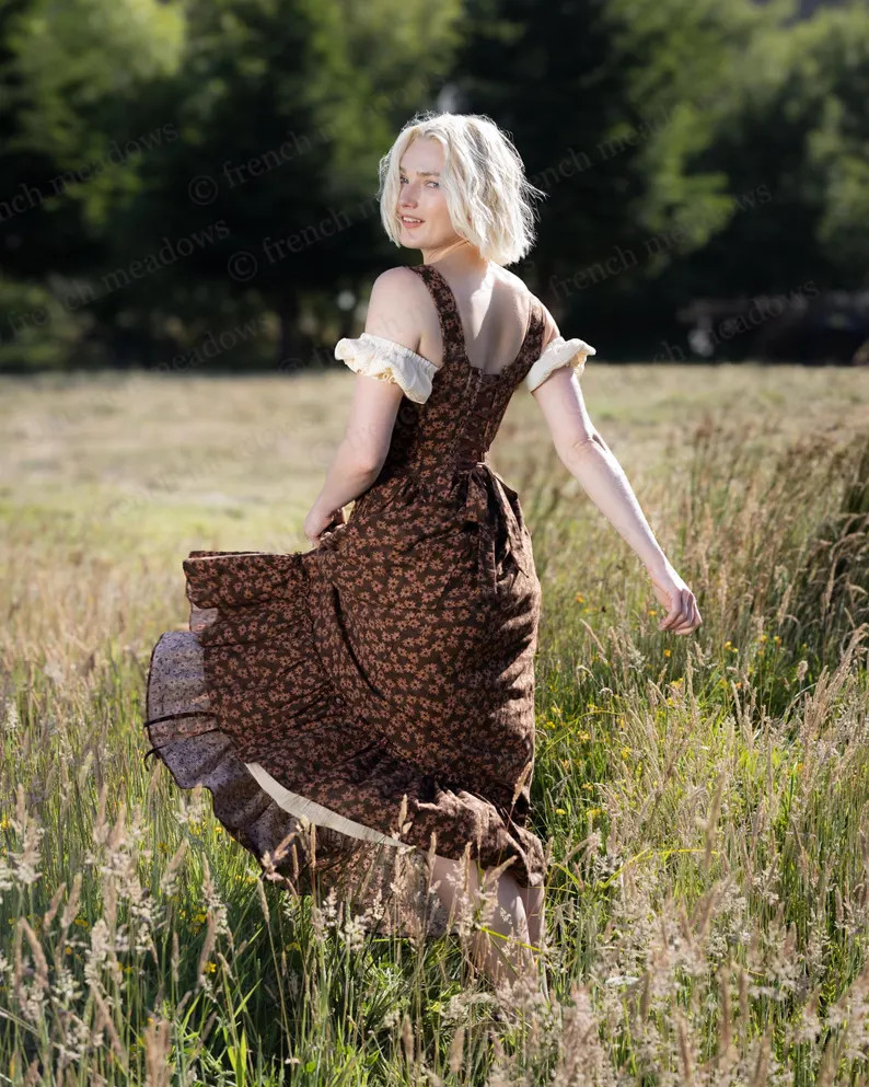 Brown Ditsy Floral Skirt With Ruffle Hem | Renaissance Faire A-line Gathered Costume Hobbit Cotta... | Etsy (US)