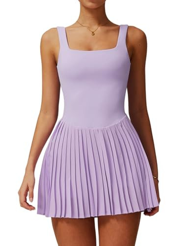 Womens Tennis Dress Sleeveless Backless Yoga Athletic Dresses for Women Square Neck Pleated Golf Dress with Built-in Bras & Shorts Sports Active Exercise Workout Dress with Pockets Purple XL | Amazon (US)