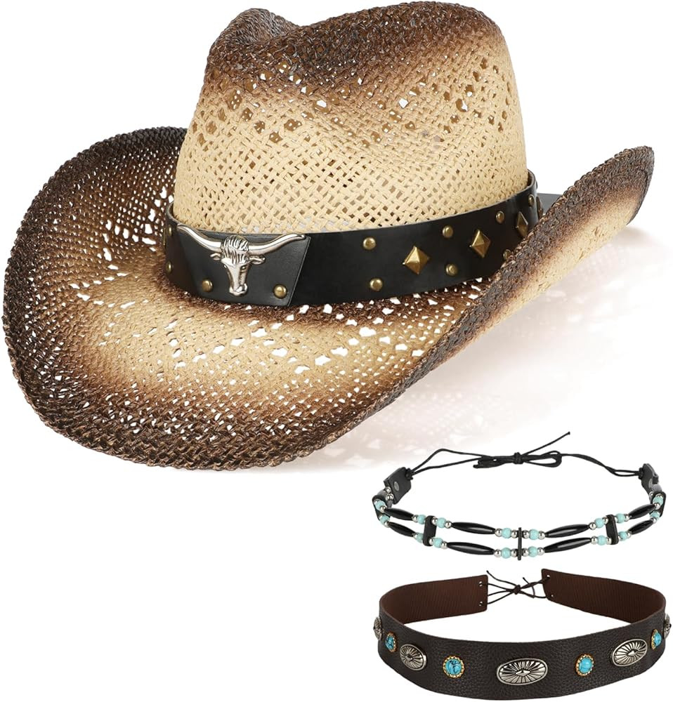 Cowboy Hat,Cowgirl Hat,Cowboy Hats for Women/Mens/3 Decorative Bands Straw Hat,Western Cowboy Hat... | Amazon (US)