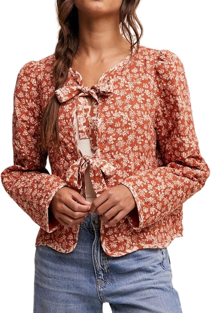 Women's Warm Quilted Jackets Floral Print Front Bow Tie Quilt Jacket Long Sleeve Padded Warm Oute... | Amazon (US)