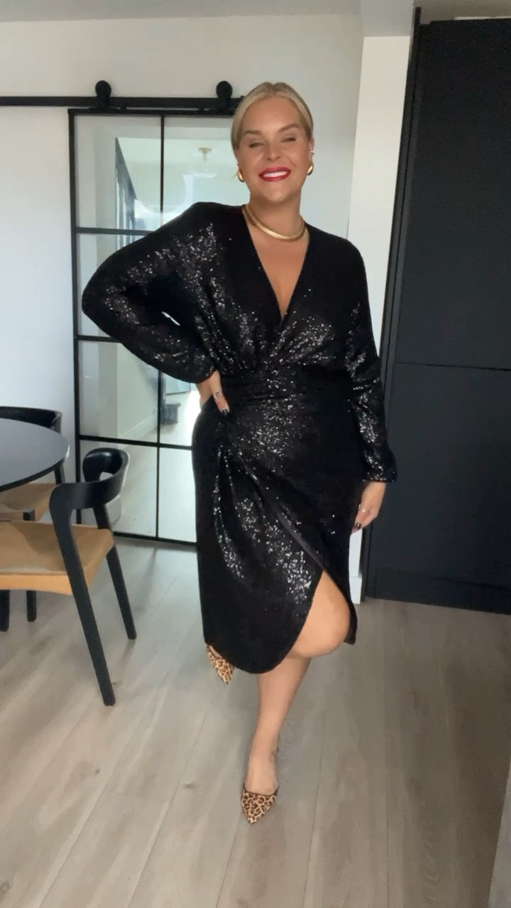 LBD but with sparkle!!! Little black dress, sequin dress, never fully dressed, leopard print shoes, Christmas outfit, new years outfit, winter wedding outfit, gold jewellery, red lip. 

#LTKstyletip #LTKmidsize #LTKwedding