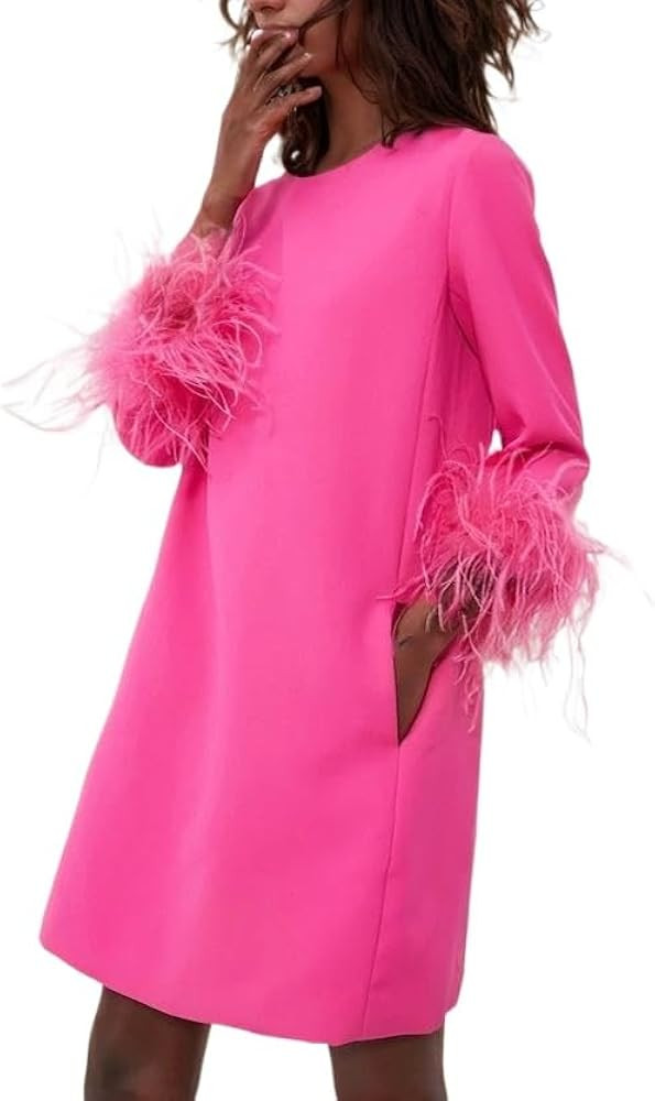 D-Sun Women Feather Dress Round Neck Casual 3/4 Feather Sleeves Party Dress Elegant Wedding Guest... | Amazon (US)