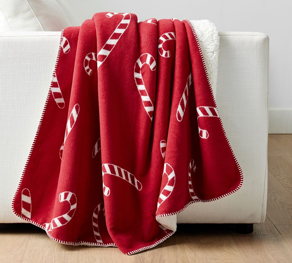 Candy Cane Jacquard Sherpa Back Throw | Pottery Barn (US)