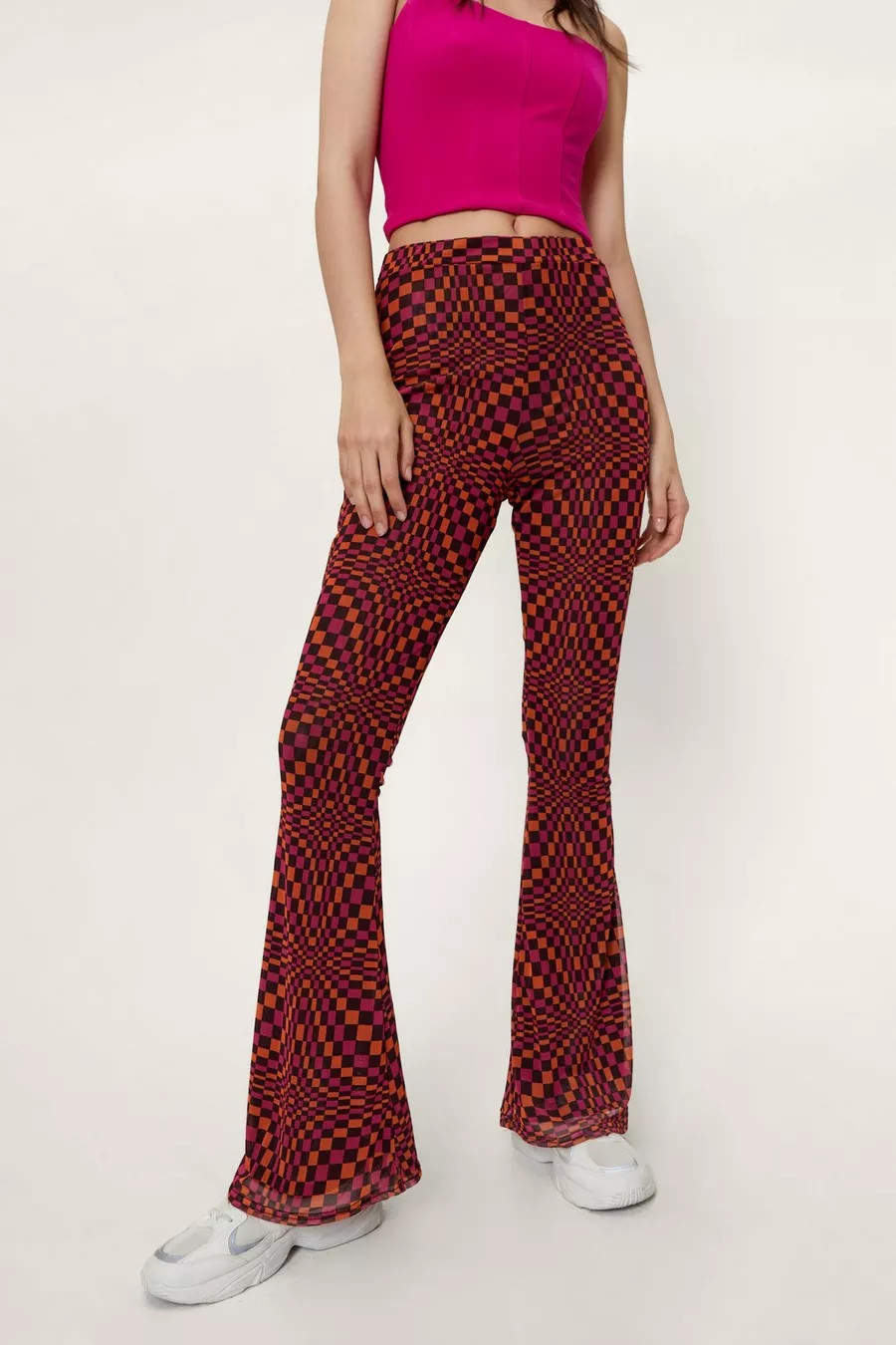 Abstract Check Print Mesh Flared Pants | Nasty Gal (US)