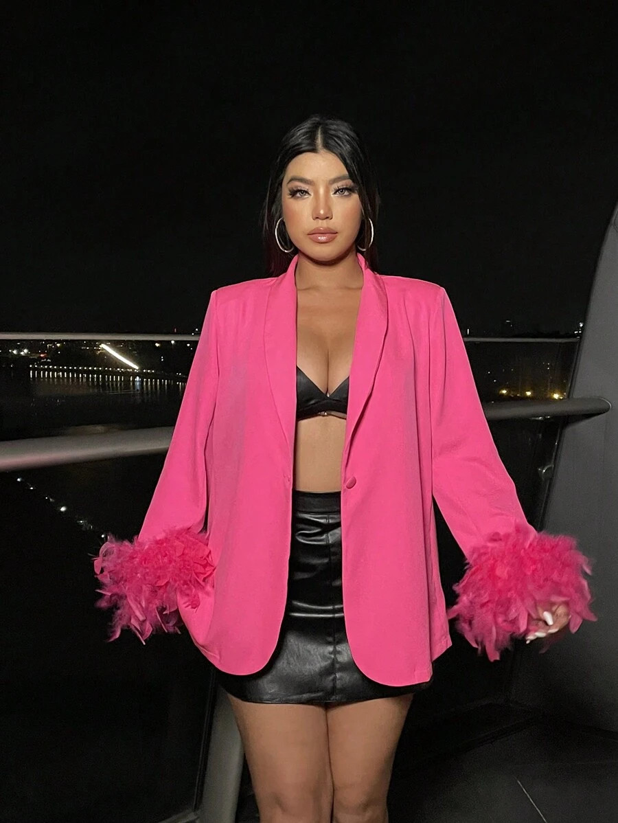 LocalSHEIN LUNE Hot Pink Plus Size Feather Trim Snap Front Crop Casual Blazer Jacket,70's Night O... | SHEIN