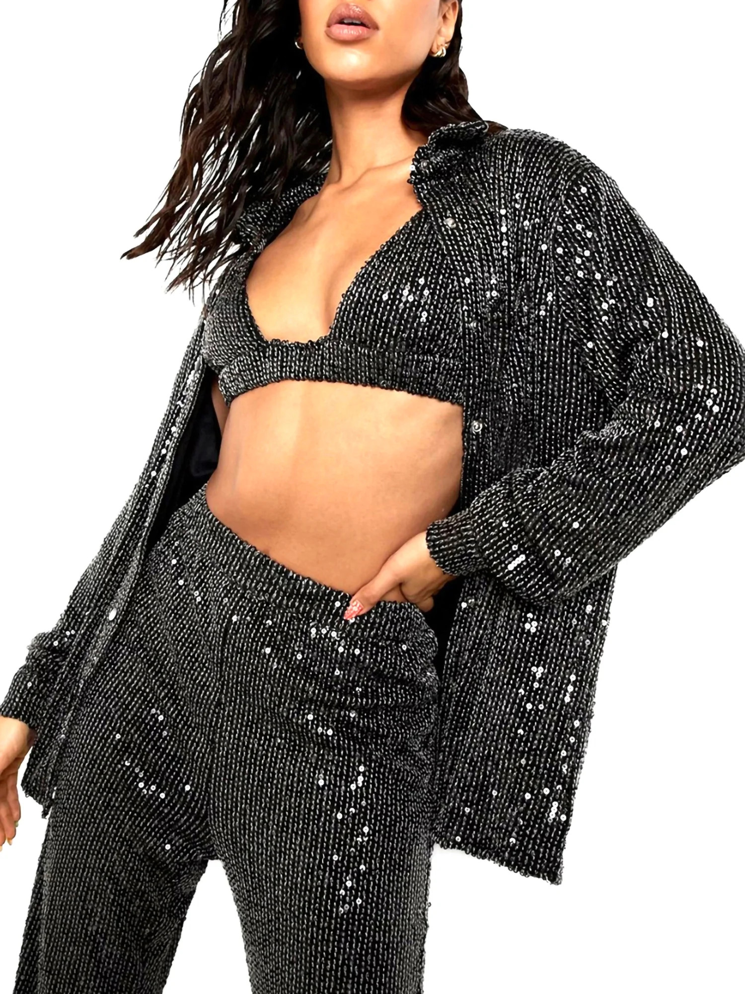 Bebiullo Women Sparkle Outfits Sequin Long Sleeve Blouse Shirt Top Glitter Long Loose Pants Bling... | Walmart (US)