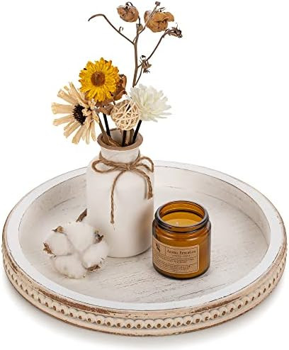 Hanobe Wood Decorative Tray Round: White Washed Bead Tray for Coffee Table Rustic Wooden Trays Decor | Amazon (US)