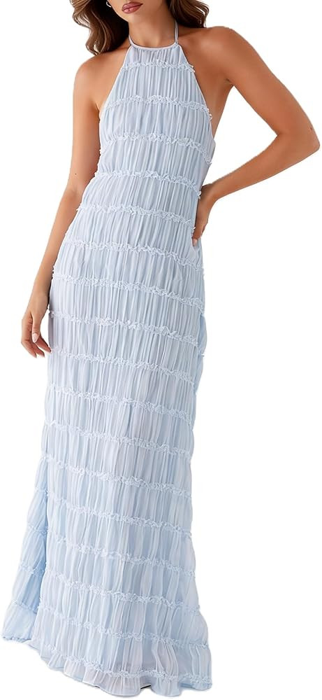 Yiulangde Women's Backless Smocked Maxi Dress Sexy Spaghetti Strap Cut Out Flowy Beach Long Dress... | Amazon (US)