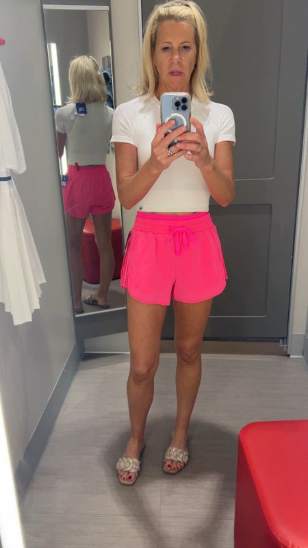 Jcrew’s workout wear.  A cropped top that covers the chest is ok if you don’t mind showing your abs 😎. I love the pink color of these shorts. Super cute 

#LTKActive #LTKOver40 #LTKFitness