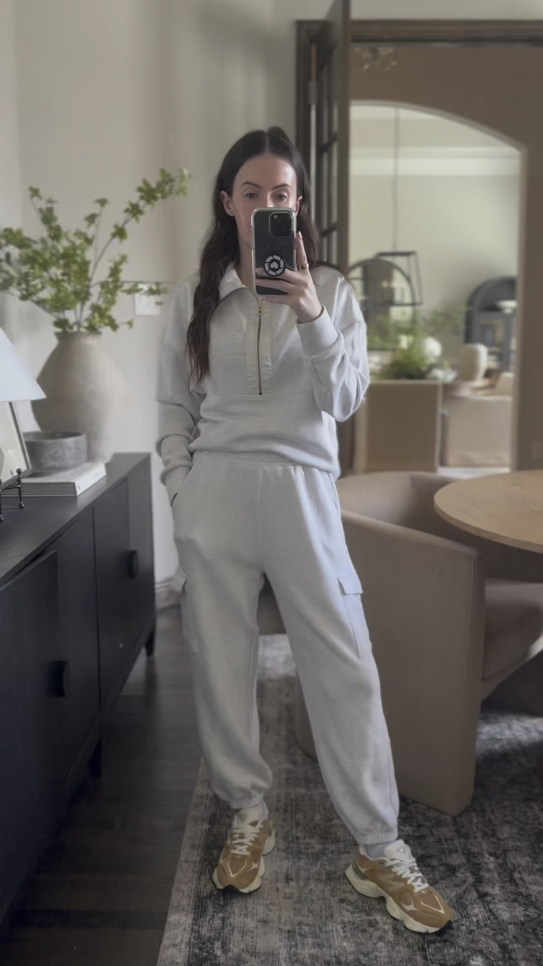 Travel outfit, mom ootd, casual outfit, varley, new balance sneakers, spring sweatpants, neutral outfits, revolve, pullover, half zip pullover 

#LTKFindsUnder50 #LTKWatchNow #LTKStyleTip