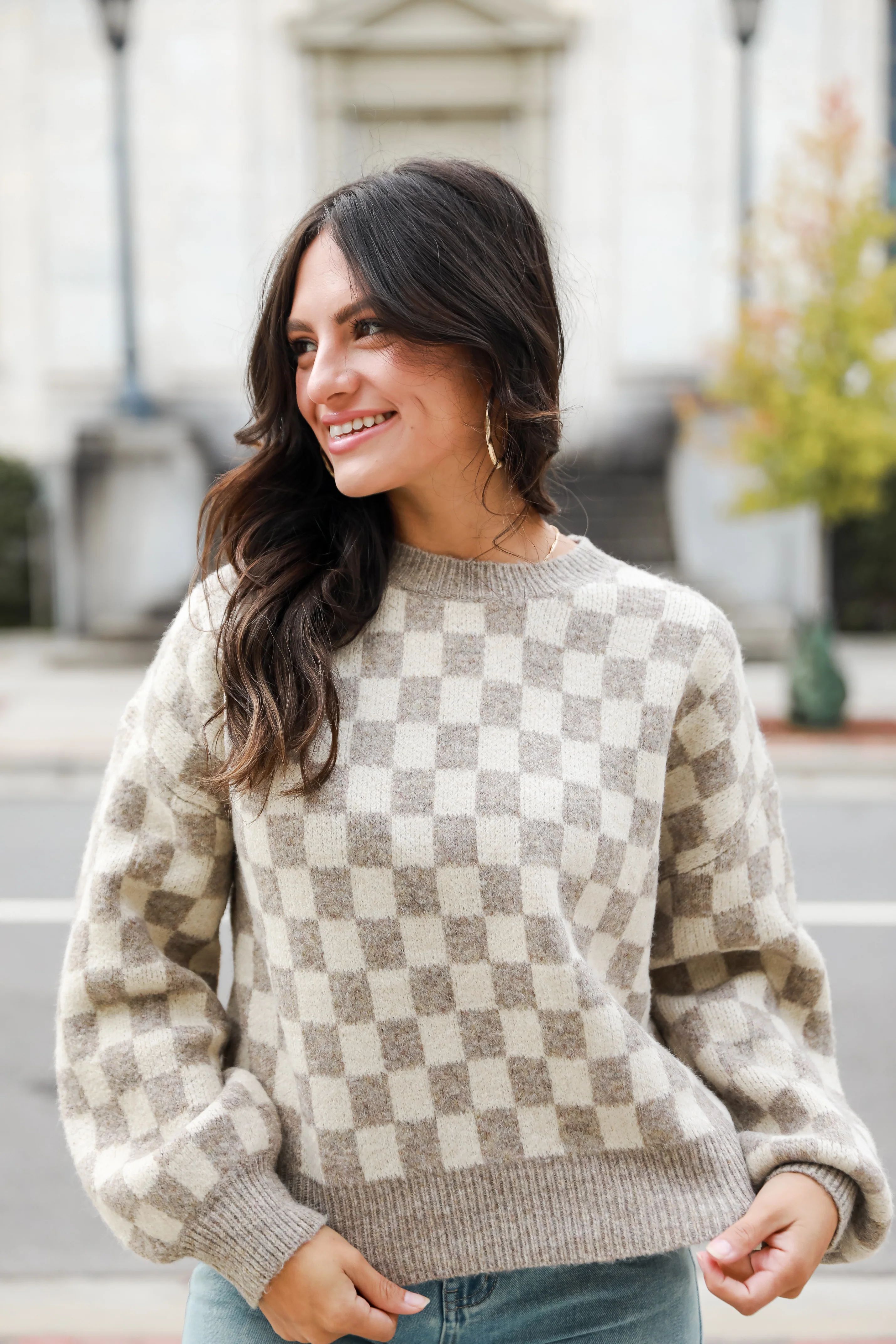 Autumn Arrival Oatmeal Checkered Sweater | Dress Up