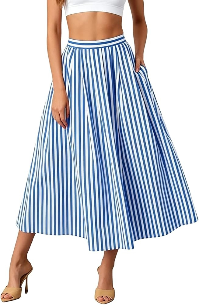 Women's Striped A-Line Maxi Skirts Elastic Waist Mid Long Cotton Skirts with Pockets | Amazon (US)