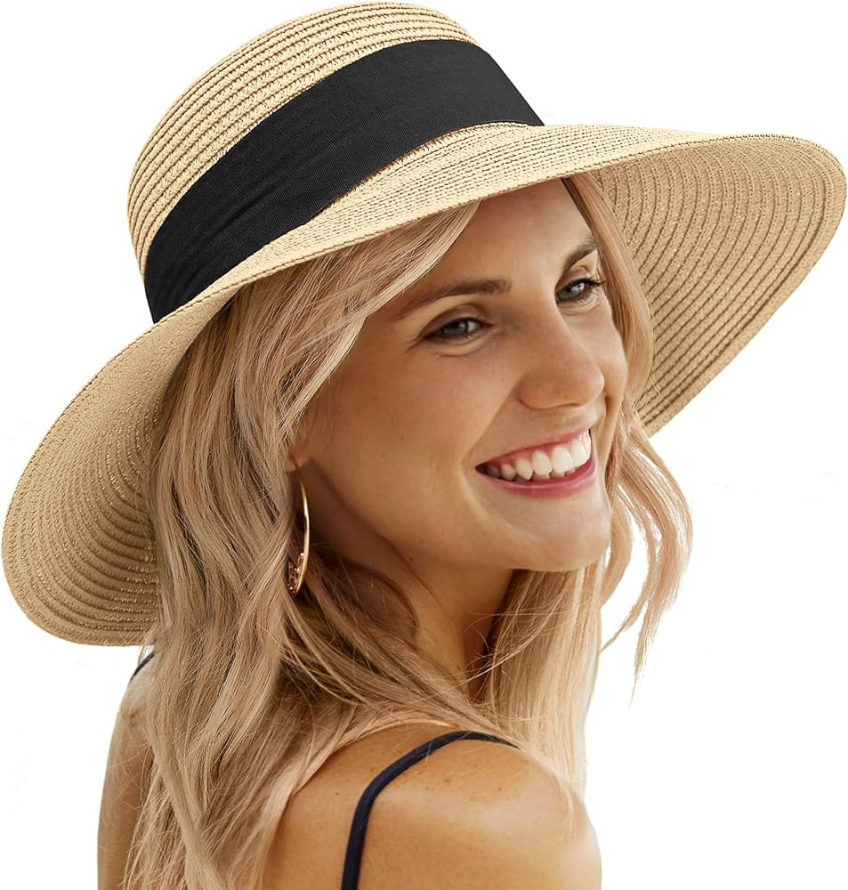 Beach Hats for Women - Sun Hat Womens, Wide Brim Straw Womens Sun Hat with Wind Lanyard Roll Up, ... | Amazon (US)